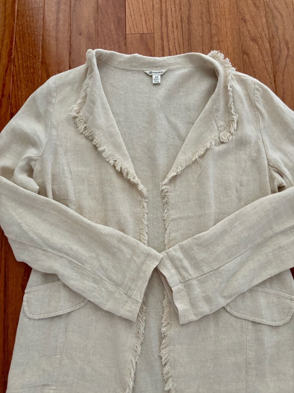 Neutral Beige Fringe-Trim Linen Blend Open Blazer size XS